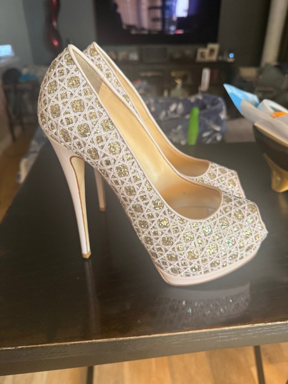 Giuseppe Zanotti Gold & Pink Lace Peep Toe Heels